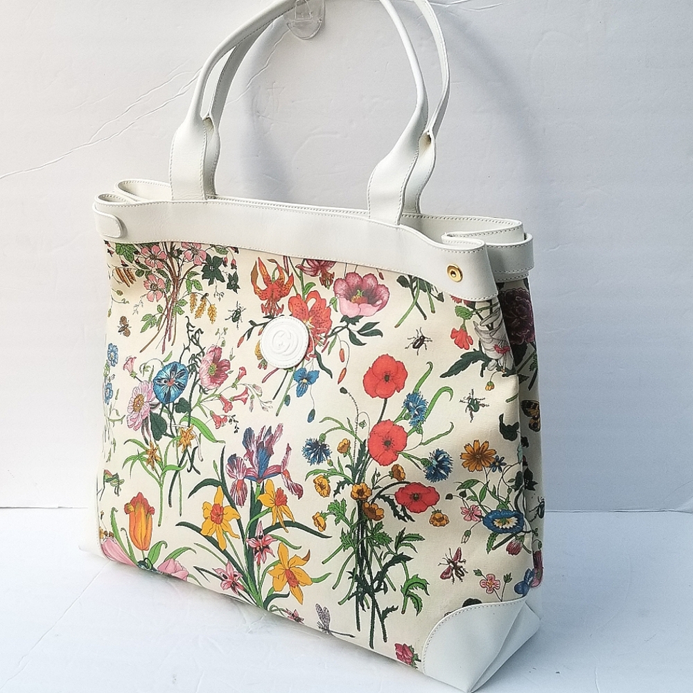 Fabulous  Rare Vintage Gucci  Flora Floral Tote Bag - White and Multicolor - Picture 6 of 16